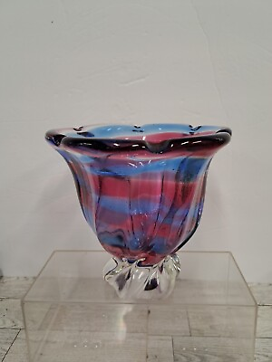 #ad Bohemian Art Glass Hand Blown Swirl Pink Blue Czech Republic Vase No Flaws $43.93