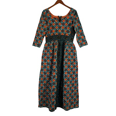 #ad Handmade Vintage 70s Dress Maxi Orange Blue Checkered Pattern Alternating Trim $49.90