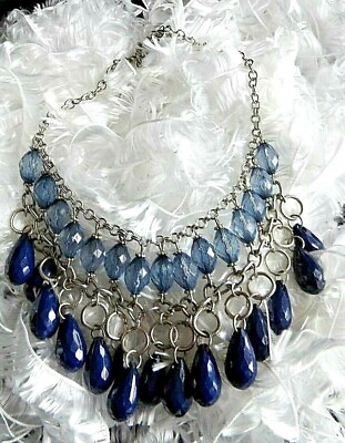 #ad 18quot; Silver Tone Necklace Double Row Of Dangling Purple Blue Beads amp; Chain $7.50