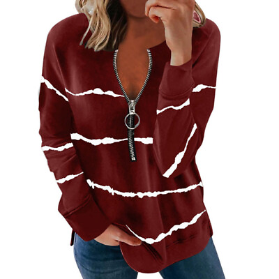 #ad Womens Blouse Casual V Neck Zipper Pullover T Shirt Long Sleeve Loose Tops Tees $22.27
