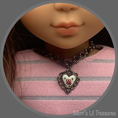 #ad 14 Inch Fashion Doll Jewelry • White Enamel Rose Design Heart Pendant Necklace $8.00
