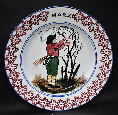 #ad Nove Italian Pottery Faience Plate Marzo Red Sponging Ceramica Popolare 1800#x27;s $45.00