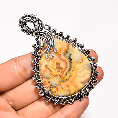#ad Yellow Crazy Lace Agate 925 Sterling Silver Wire Wrapped Pendant 3quot; GSR 3402 $18.99