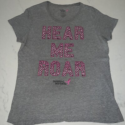 #ad Vintage Shirt Sz XL Gray Susan Komen Breast Cancer Pink Animal Prt HEAR ME ROAR $14.99