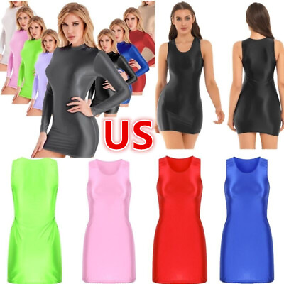 #ad US Womens Glossy Bodycon Mini Dress Oil Shiny Sheer Pencil Dress Sexy Clubwear $4.69