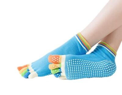 #ad Yoga Pilates Grip Socks Small Medium Blue with Multi Color Toes $18.95