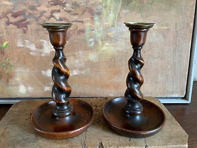 #ad Pair English Victorian Barley Twist Candlesticks with Brass Tops C1900 8 in high $142.00