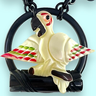 #ad Parrot on Perch Nylon Lucite amp; Bakelite Pendant on Celluloid Chain Necklace $215.00