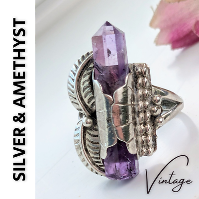 #ad Amethyst amp; Sterling Silver Vintage Art Deco Wrapped Rod Ring GORGEOUS Size 5.25 $60.00