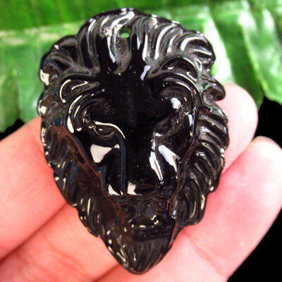 #ad Carved Black Agate Lion#x27;s Head Pendant Bead 44x32x15mm L39990 $10.91