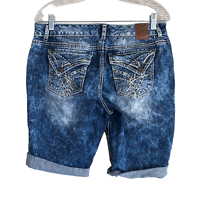 #ad Ariya Jeans Women#x27;s Denim Shorts Size 14 Acid Wash Embroidered Stretch Bermuda $34.70
