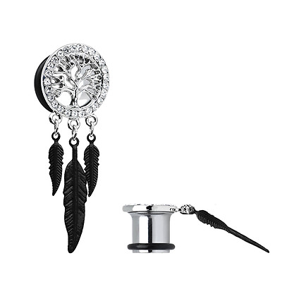 #ad Pair of Dangling Feathers and Tree of Life Ear Plugs with Clear CZ Gems $14.74