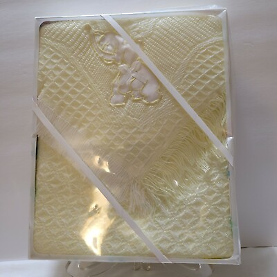 #ad Vtg Infant Baby Receiving Blanket Acrylic Appliqued Elephant Yellow 1960s in Box $14.95