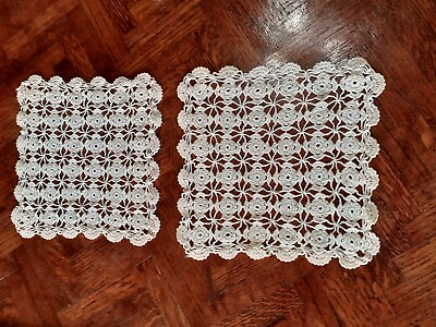 #ad 2 Vintage Crocheted Square DoilyRound Pattern Ivory 8quot; Pair $18.00