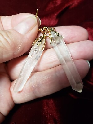 #ad Natural Clear Quartz Crystal Dangle Earrings Gold Tone Bead Caps and Ear Wires $19.95
