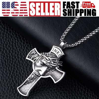 #ad Mens Jesus Christ Face Crucifix Cross Pendant Necklace Stainless Steel $10.99