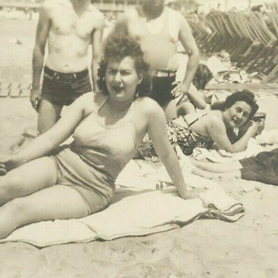 #ad Vintage Photo Women Bathing Suits on Beach Blankets w Men Atlantic NJ 1940s $15.99