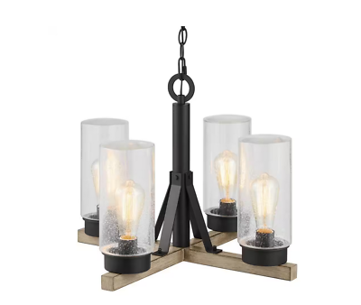 #ad Collier 4 Light Matte Black Outdoor Chandelier with Clear Seeded Glass Shade $94.99