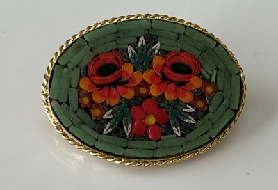 #ad Antique Inlaid Italian Micro Mosaic Floral Brooch. Tube Clasp Oval Floral $25.00