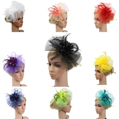 #ad Women#x27;s Fashion Wedding Mesh Hat Fascinator Headband Ribbons Feathers Party Hat $7.55
