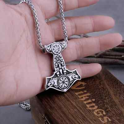 #ad Men#x27;s Stainless Steel Chain Viking Pendant Silver Nordic Runes Wolf Heads Hammer $11.89
