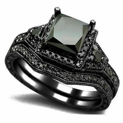#ad Big 2.30 Ct Diamond Women#x27;s Engagement Bridal Set Black 925 Silver Ring VVS1 D $127.90