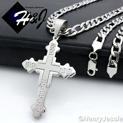 #ad 30quot;MEN Stainless Steel 8mm Silver Figaro Link Chain Necklace Cross Pendant*K20 $29.99