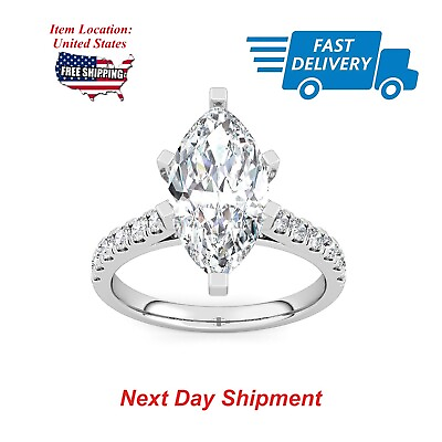 #ad 4.5CT Zircon Solitaire Marquise Side Stone Engagement Ring in 925 Silver Size 7 $49.99