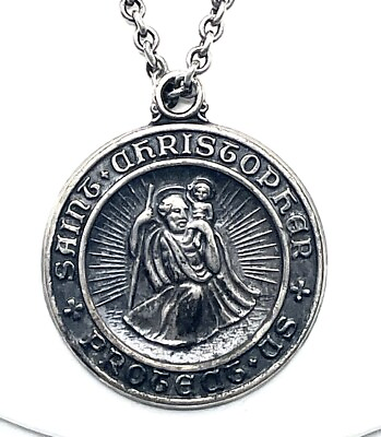 #ad Vintage Solid Sterling Silver St Christopher Medallion Necklace Inscribed 12.9g $50.00