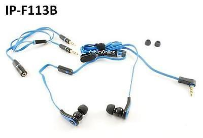 #ad Premium Sound In Ear Headphones w Hands Free In Line Microphone Blue Flat Cable $20.90