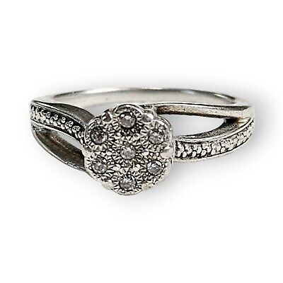 #ad Genuine Diamond Flower Ring Sterling Floral Split Shank 925 Silver ZEI Size 7 $41.97
