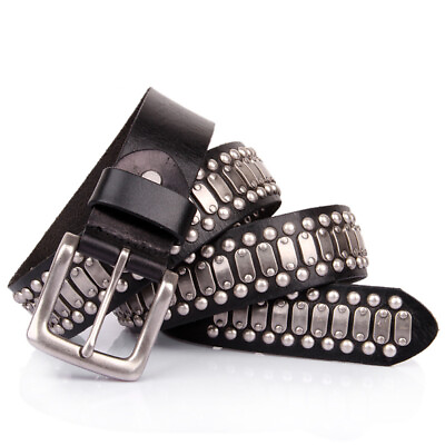 #ad Real Leather Waist Belt Heavy Metal Rivet Studded Unisex Punk Rock Biker Belt $37.99