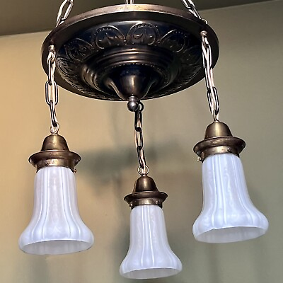 #ad Vintage Antique 1910’s Pan Style Chandelier With Etched Glass Shades Restored $620.00