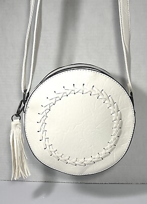 #ad Round White Leather Crossbody Bag VNTG 1960s GoGo Girl Braid And Tassel Accent $15.00