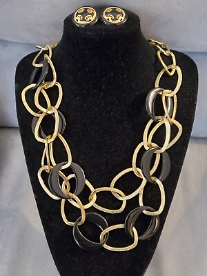 #ad Huge Massive Gold Tone Aluminum Chain Black Link Necklace Earring Set $11.99