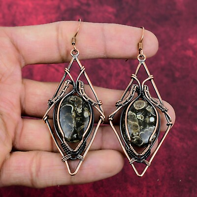 #ad Turritella Agate Earrings Handmade Jewelry Copper Wire Wrapped Gemstone Earring $27.60