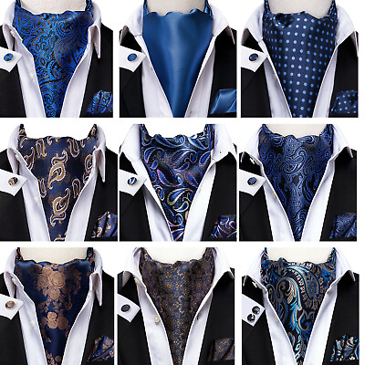 #ad Mens Blue Gold Cravat Scarf Tie Paisley Floral Ascot Neck Tie Wedding 100% Silk $12.99