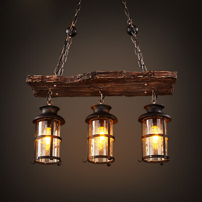 3 Light Rustic Country Chandelier Wood Light Fixture Pendant Industrial Cafe Bar $88.03
