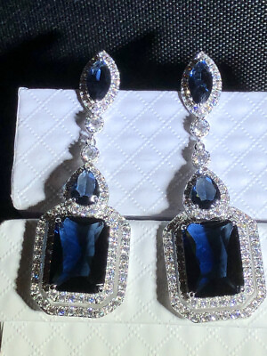 #ad 18k White Gold Filled Long Drop Lab Created Blue Sapphire Stone Earrings $147.00