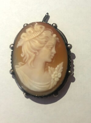 #ad VINTAGE STERLING SILVER SHELL CAMEO BROOCH PIN amp; PENDANT HAND CARVED $120.00