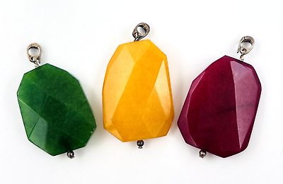 #ad Lot Of Three Faceted Natural Jade Pendants Green Red Yellow Sterling Silver Bale $125.00