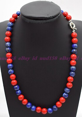 #ad Genuine 8 10 12mm Blue Lapis Lauzli Red Coral Round Gemstone Beads Necklace AAA $13.29