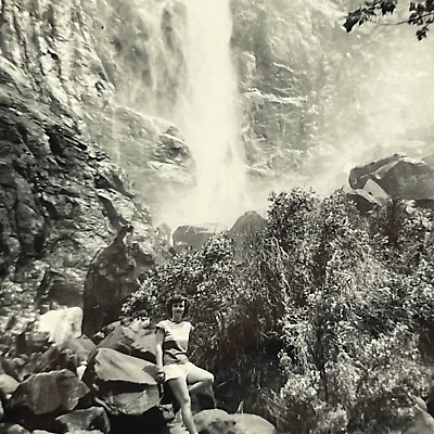 #ad YJ Photo Pretty Woman Lovely Lady Posing Waterfall Background 1950#x27;s Yosemite $14.96