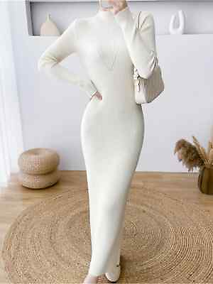 #ad Elegant Slim Knitted Dress Women Casual Long Sleeve Elastic Sweater Vestidos $51.51