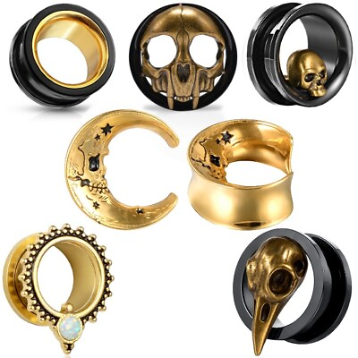 #ad PAIR Black with Gold Interior Screw Fit Tunnels Ear Plugs Earlet Gauges $12.99