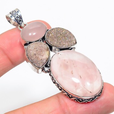 #ad Natural Rose Quart Gemstone Handmade 925 Sterling Silver Jewelry Pendant Sz 2.6quot; $10.99