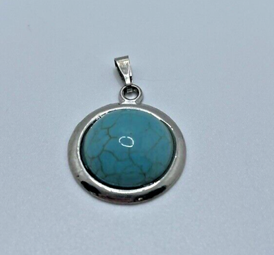 #ad Round Faux Turquoise Silver Tone Fashion Pendant Unmarked $4.99