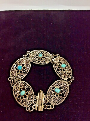 #ad Vintage Berber Bedouin Sterling SIlver Filigree Turquoise Bracelet $159.00