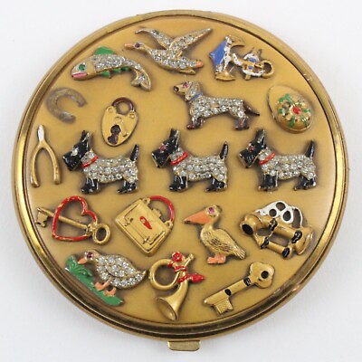 #ad Foster Lucky Charms Compact Mirror 17 charms Vintage 1930 40s Rhinestone Enamel $299.95
