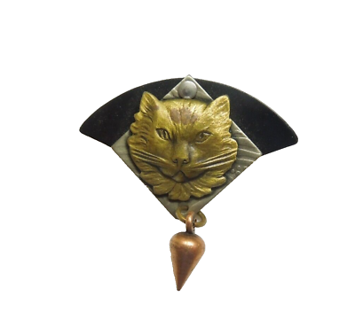#ad Cat Brooch Pin Multi Tone Modern Unsigned Dangle $12.95